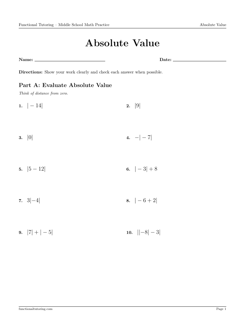 First-page preview of the Absolute Value worksheet