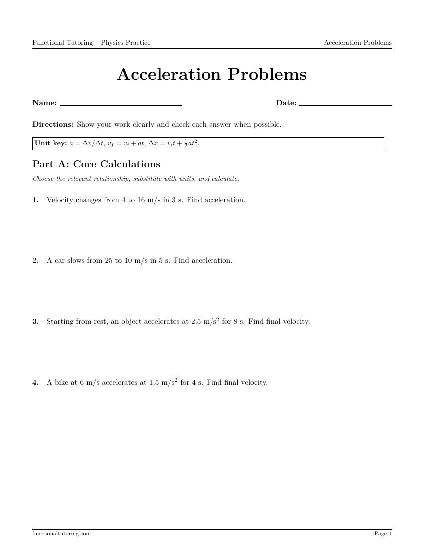First-page preview of the Acceleration Problems worksheet