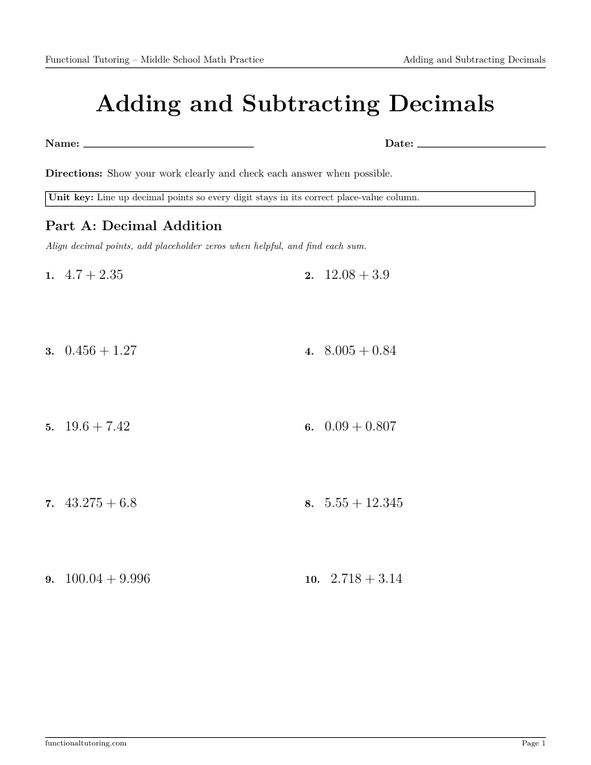 First-page preview of the Adding and Subtracting Decimals worksheet