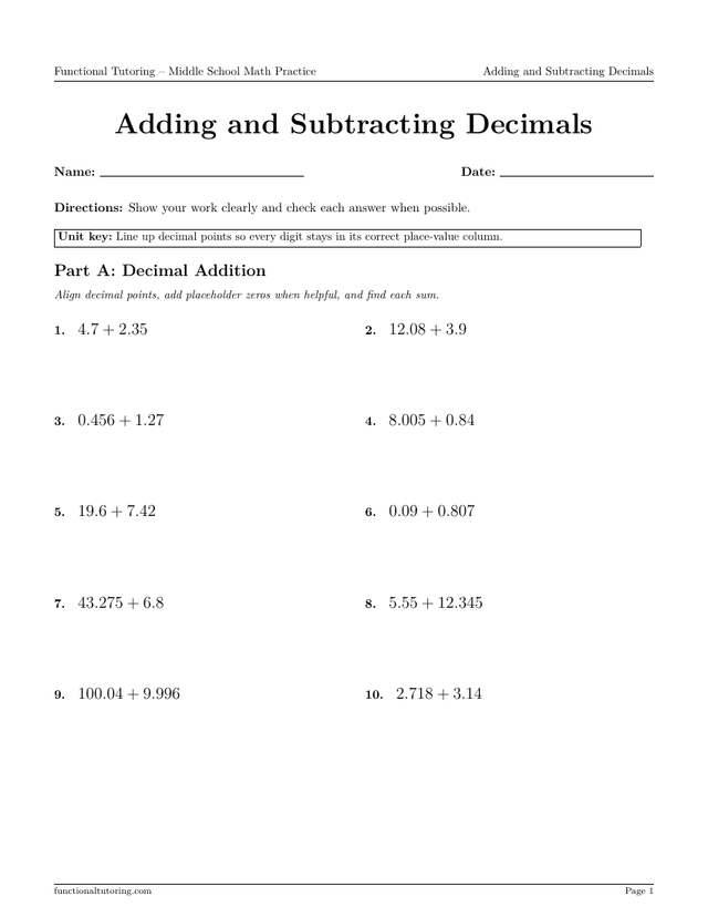 Preview of the Adding and Subtracting Decimals worksheet