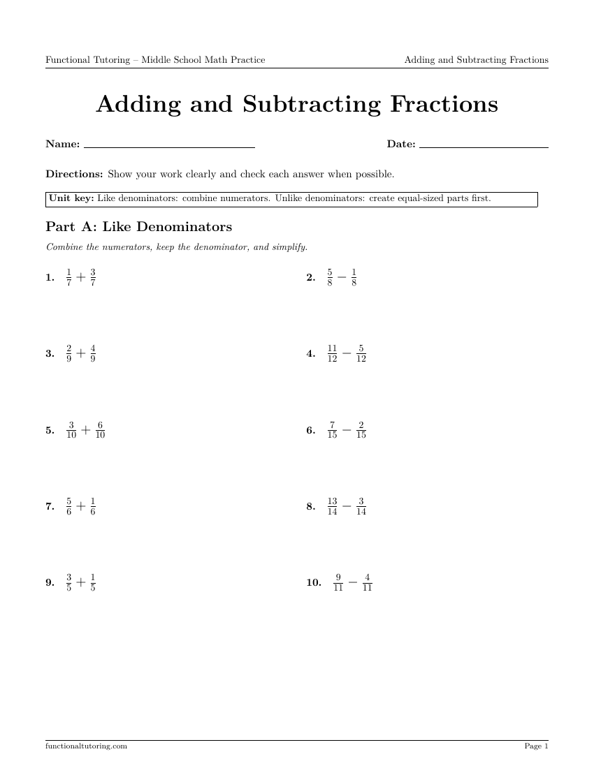 First-page preview of the Adding and Subtracting Fractions worksheet