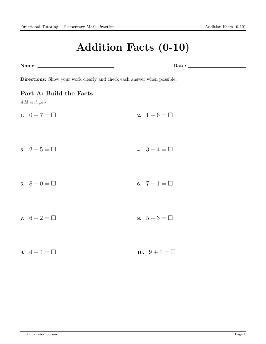First-page preview of the Addition Facts (0-10) worksheet