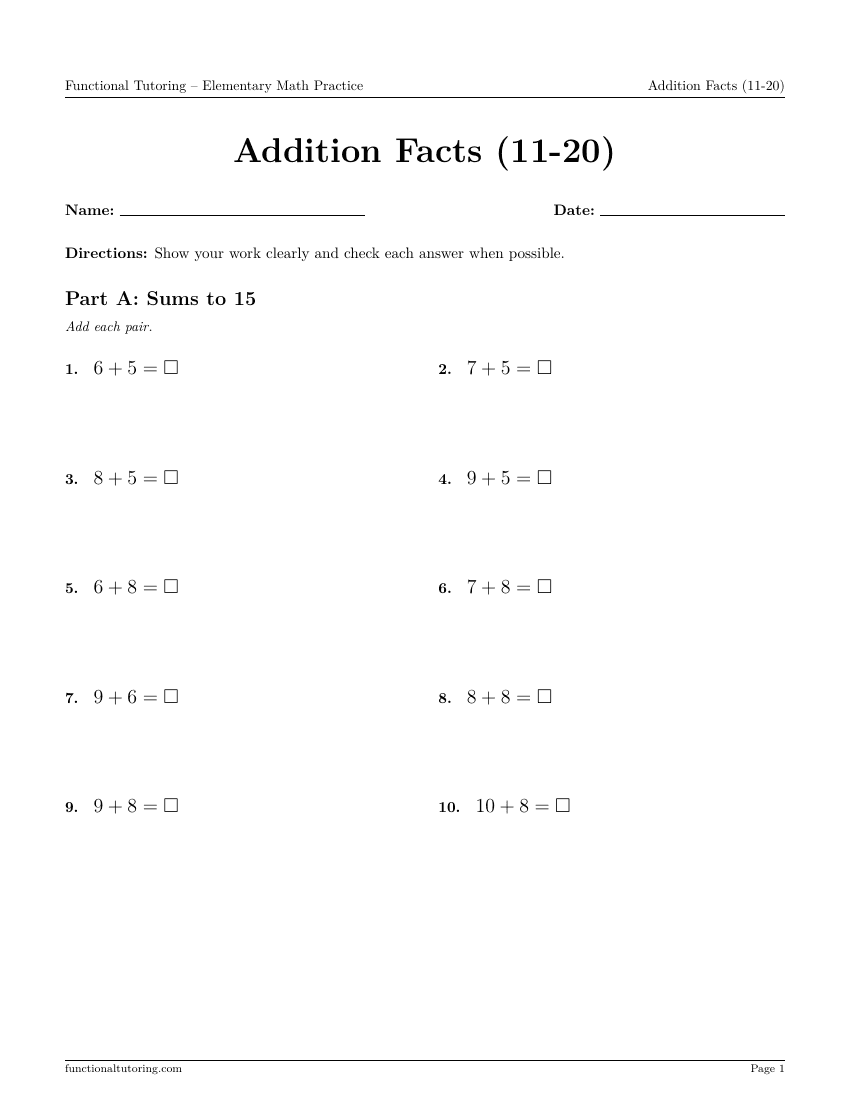 First-page preview of the Addition Facts (11-20) worksheet