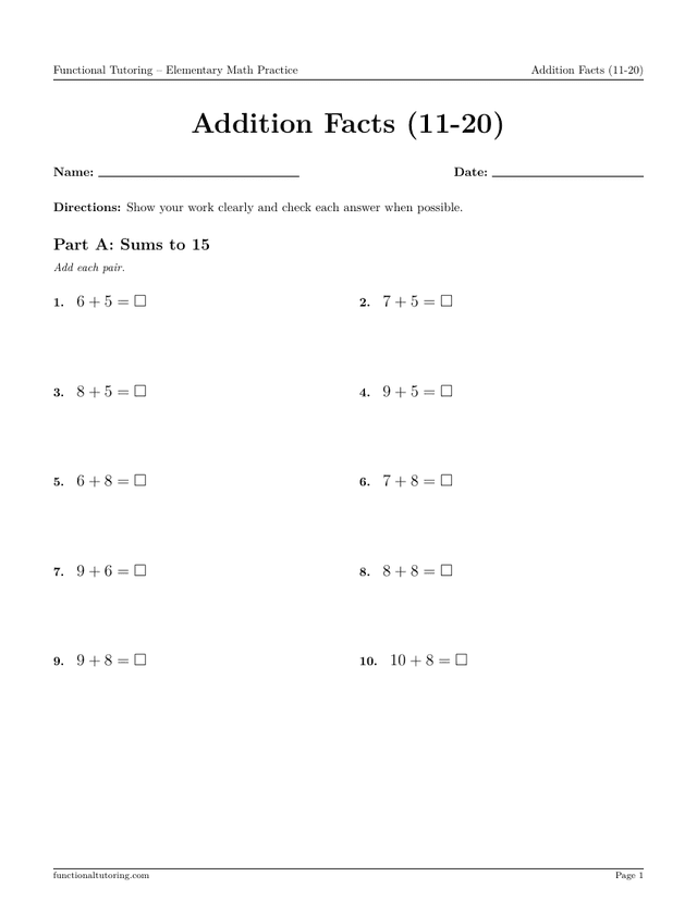 Preview of the Addition Facts (11-20) worksheet