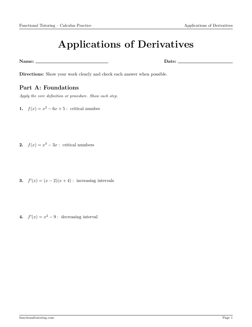 First-page preview of the Applications of Derivatives worksheet
