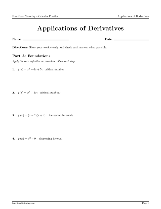 Preview of the Applications of Derivatives worksheet