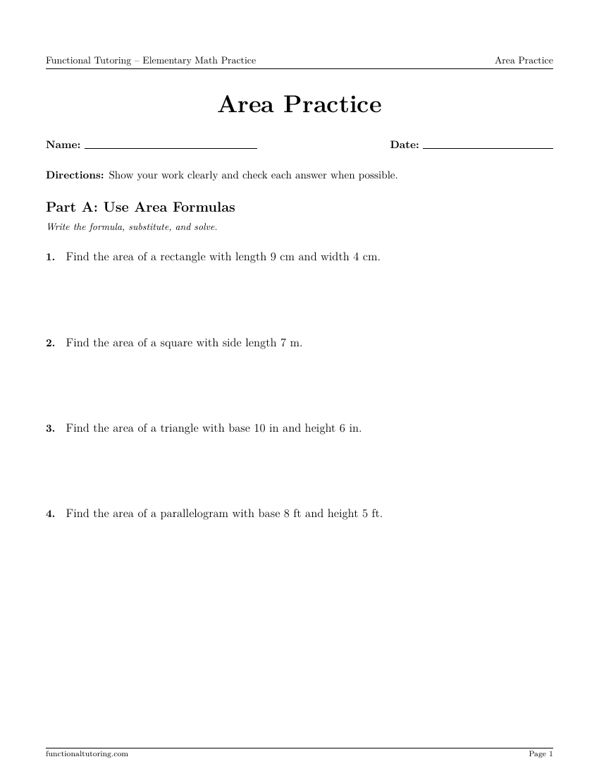 First-page preview of the Area Practice worksheet