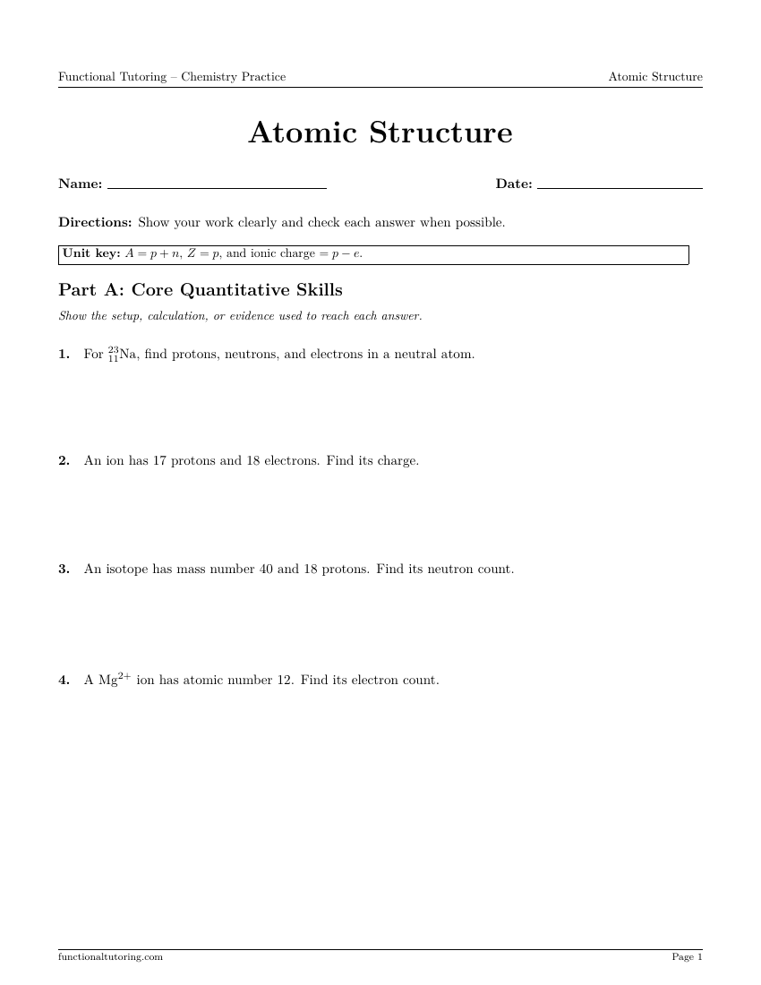 First-page preview of the Atomic Structure worksheet