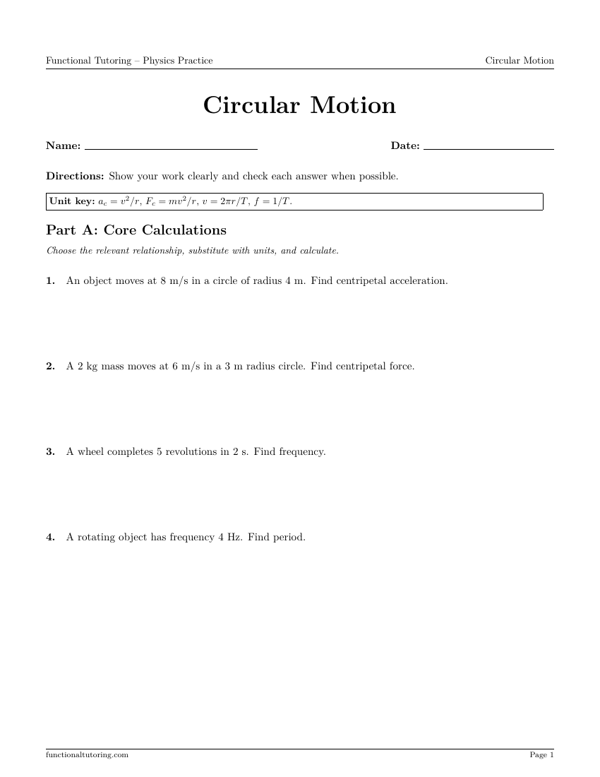 First-page preview of the Circular Motion worksheet