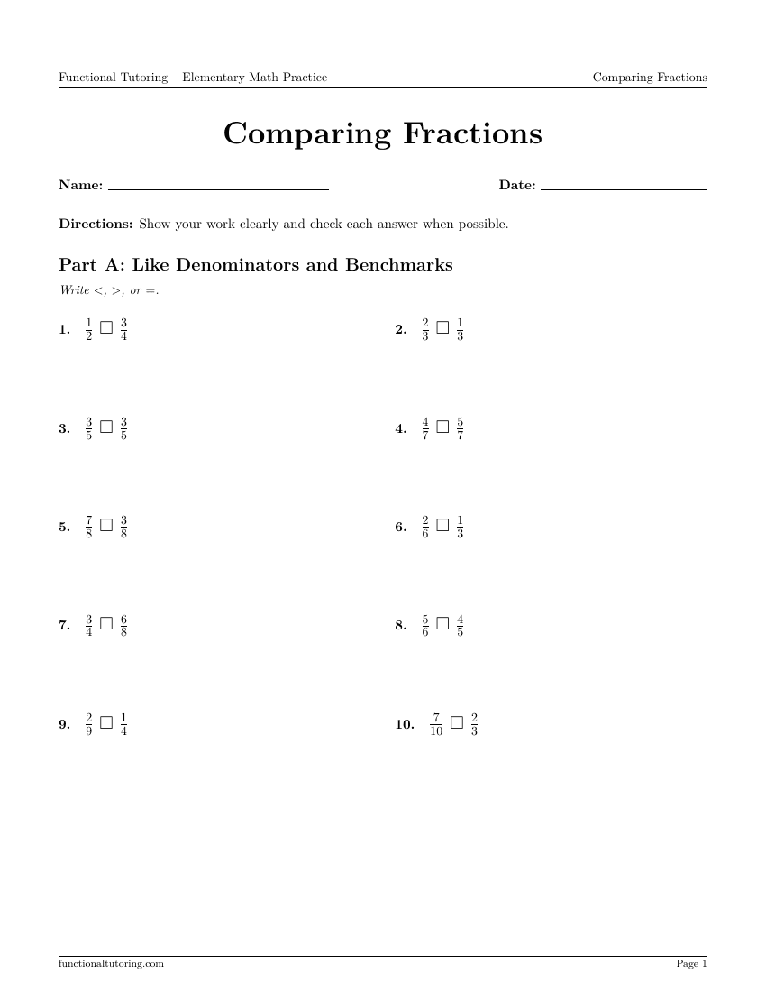 First-page preview of the Comparing Fractions worksheet