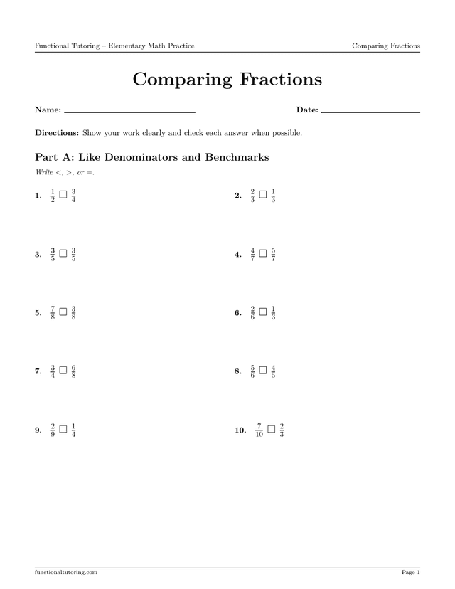 Preview of the Comparing Fractions worksheet