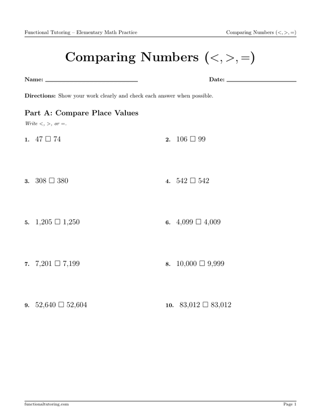 Preview of the Comparing Numbers (<, >, =) worksheet