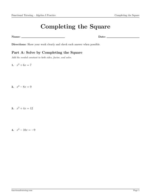 Preview of the Completing the Square worksheet