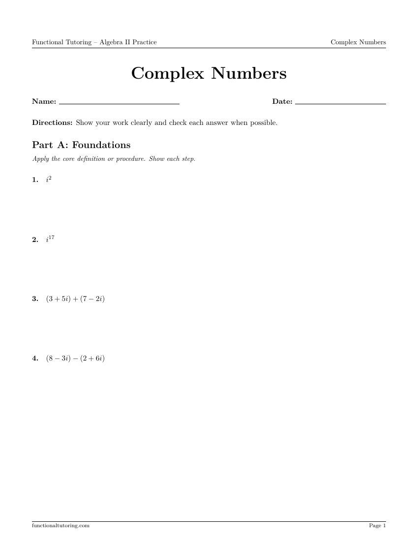 First-page preview of the Complex Numbers worksheet