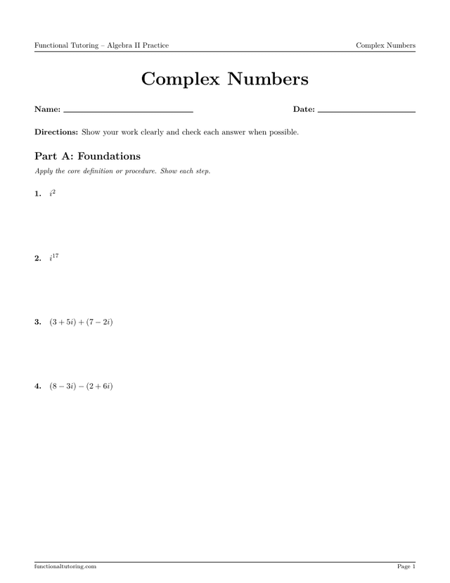 Preview of the Complex Numbers worksheet