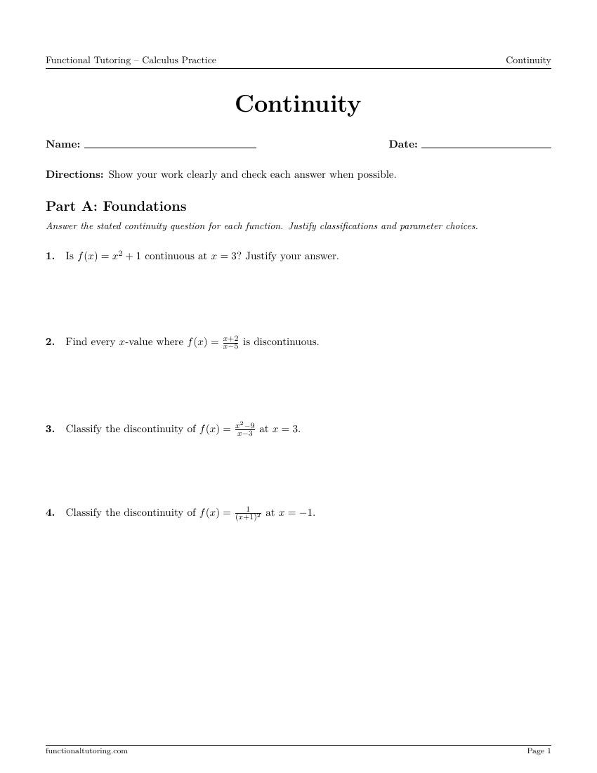First-page preview of the Continuity worksheet