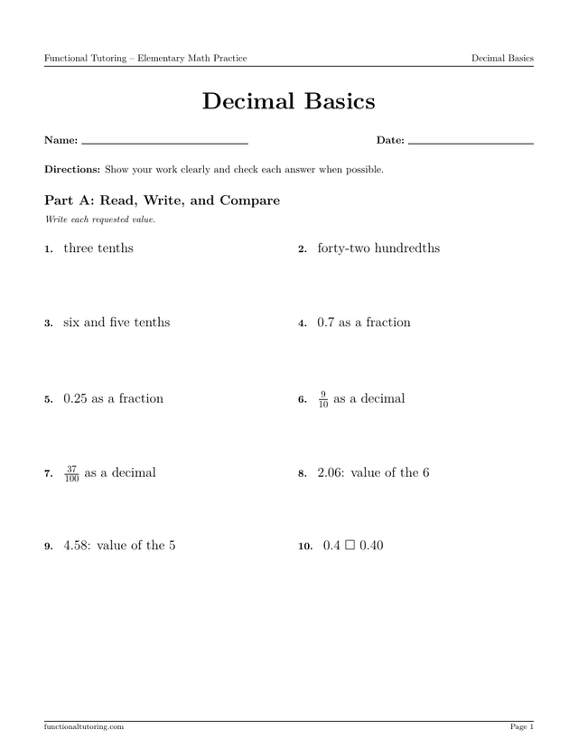 Preview of the Decimal Basics worksheet