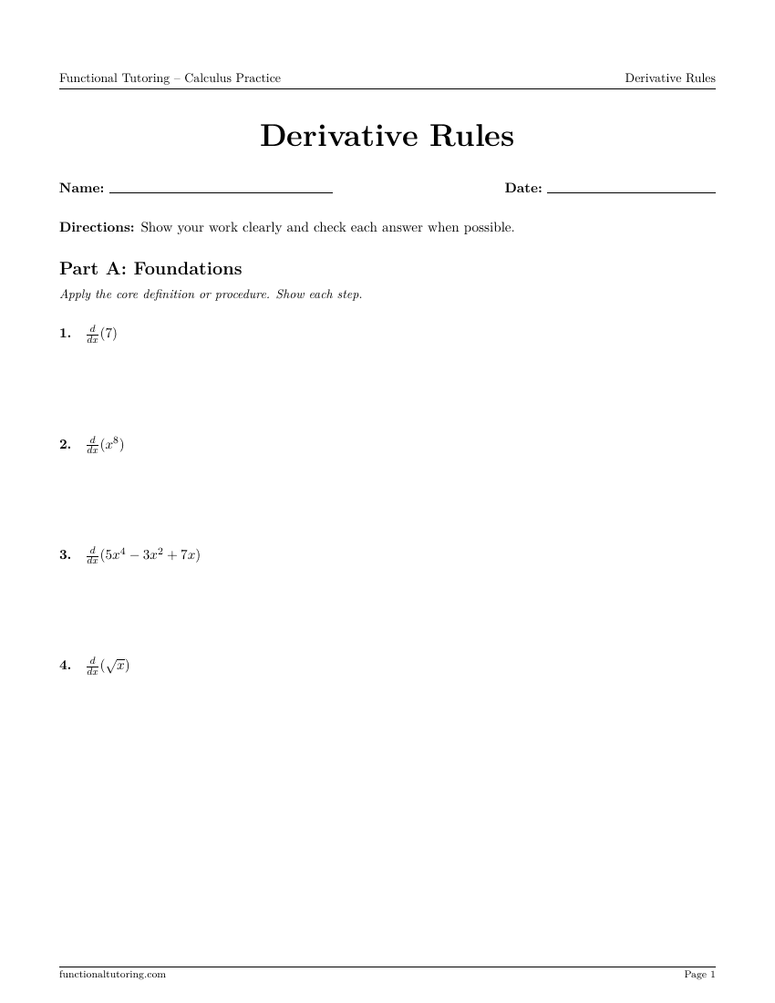 First-page preview of the Derivative Rules worksheet