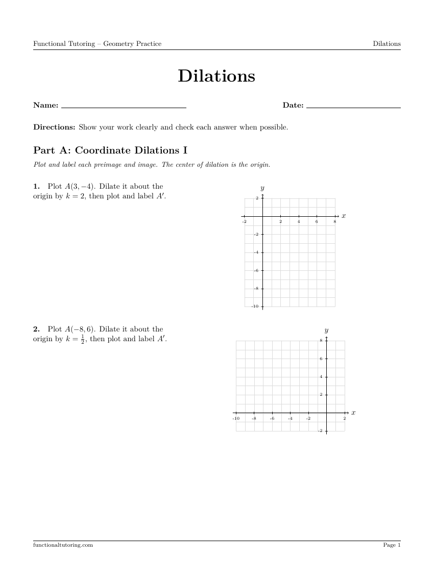 First-page preview of the Dilations worksheet
