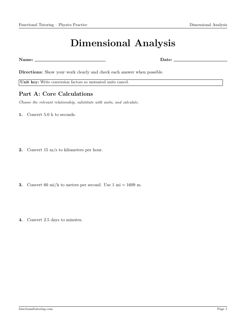 First-page preview of the Dimensional Analysis worksheet