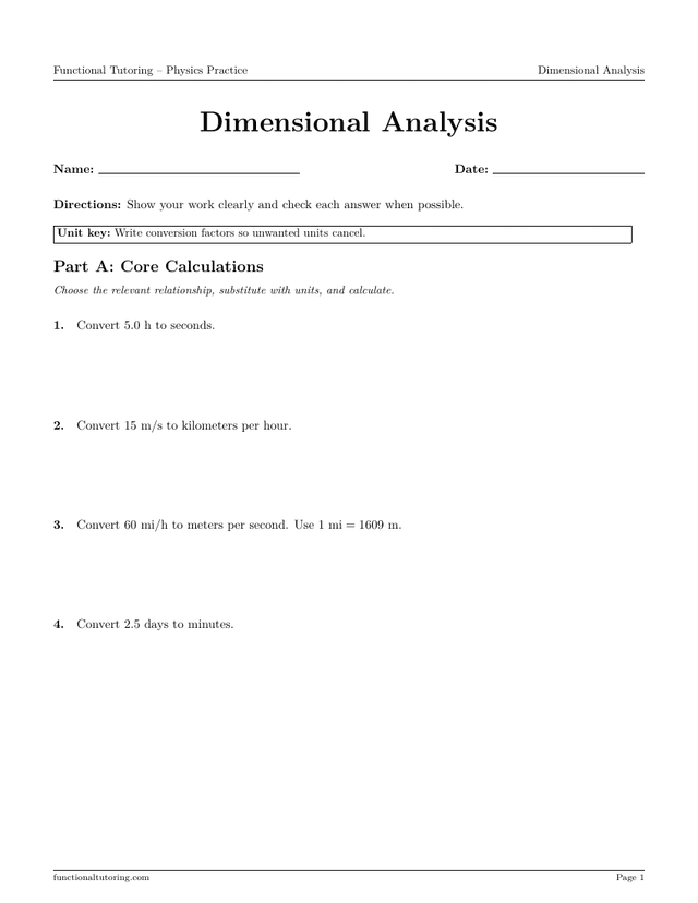 Preview of the Dimensional Analysis worksheet