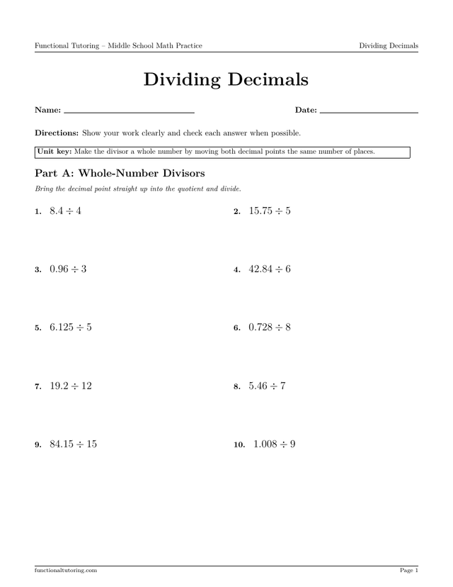 Preview of the Dividing Decimals worksheet