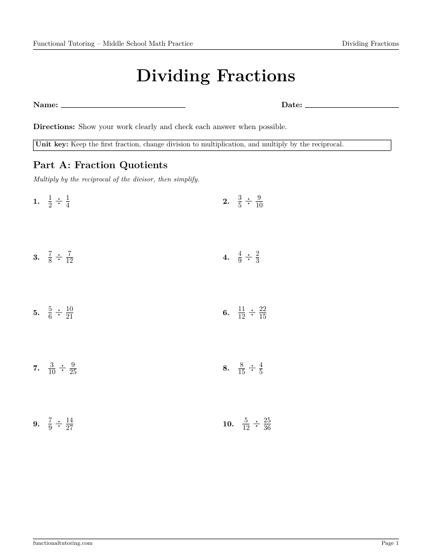 First-page preview of the Dividing Fractions worksheet