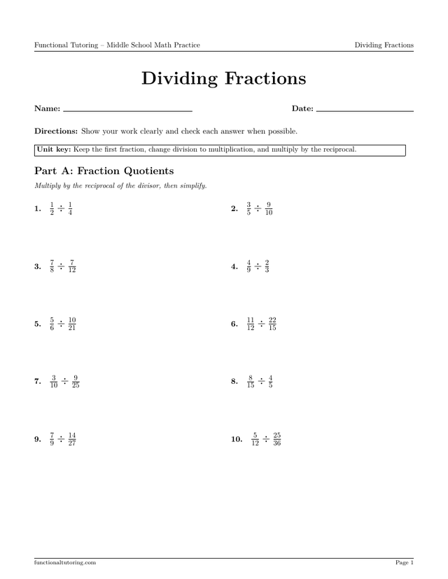 Preview of the Dividing Fractions worksheet