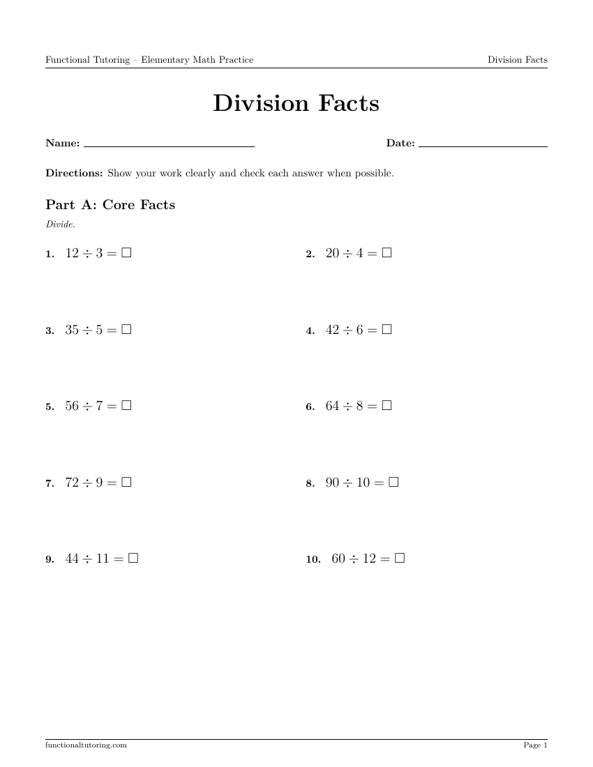 First-page preview of the Division Facts worksheet