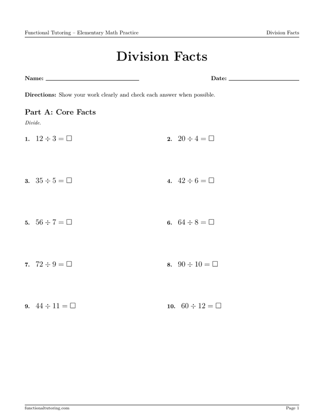 Preview of the Division Facts worksheet