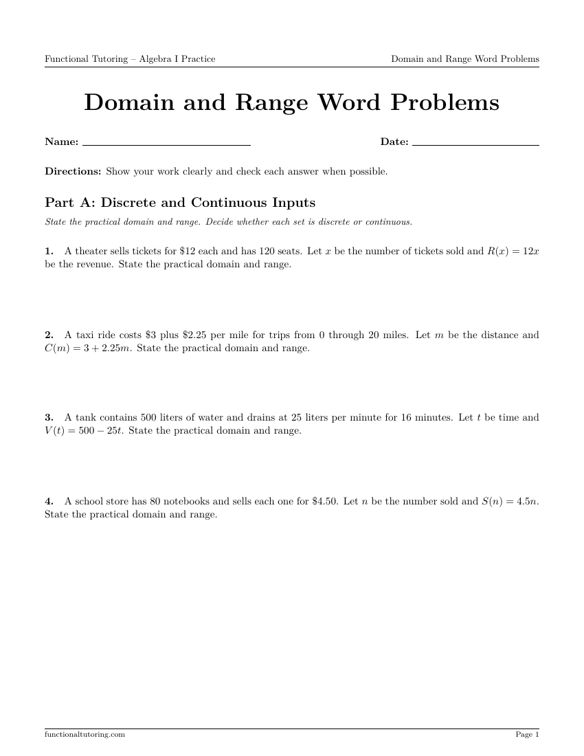First-page preview of the Domain and Range Word Problems worksheet