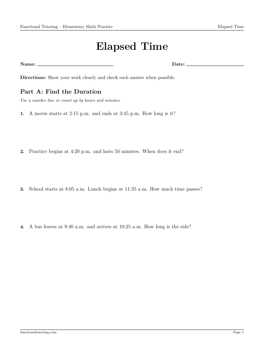 First-page preview of the Elapsed Time worksheet