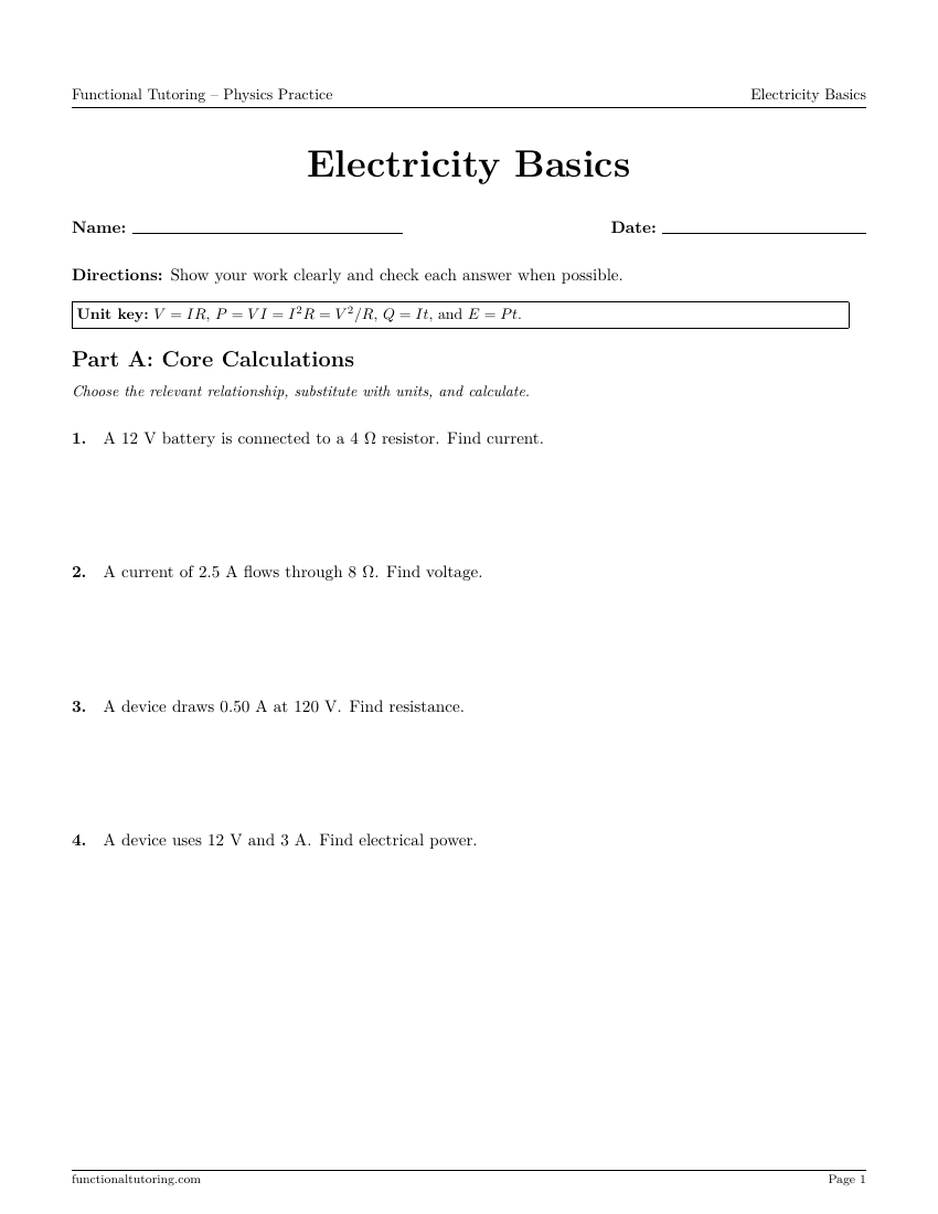 First-page preview of the Electricity Basics worksheet