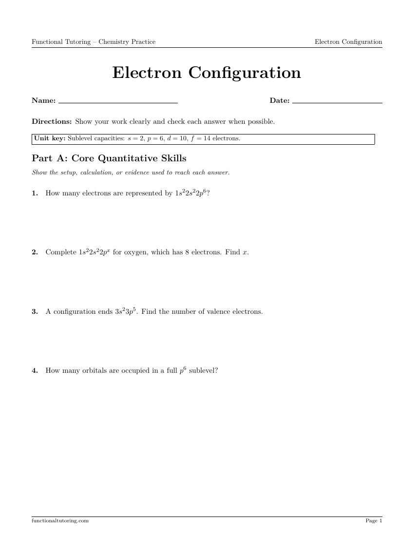 First-page preview of the Electron Configuration worksheet