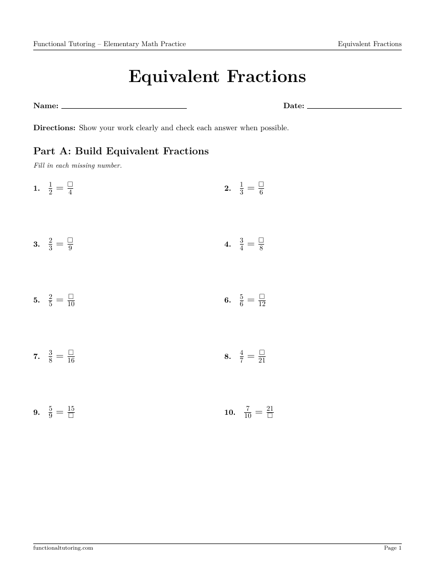 First-page preview of the Equivalent Fractions worksheet