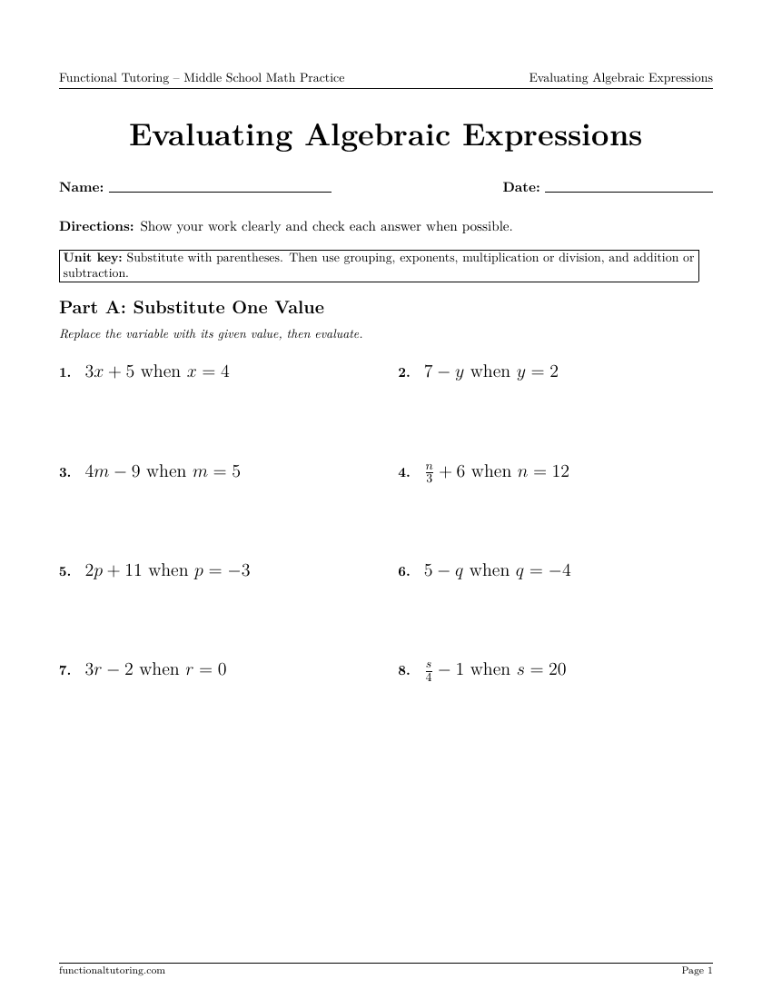 First-page preview of the Evaluating Algebraic Expressions worksheet