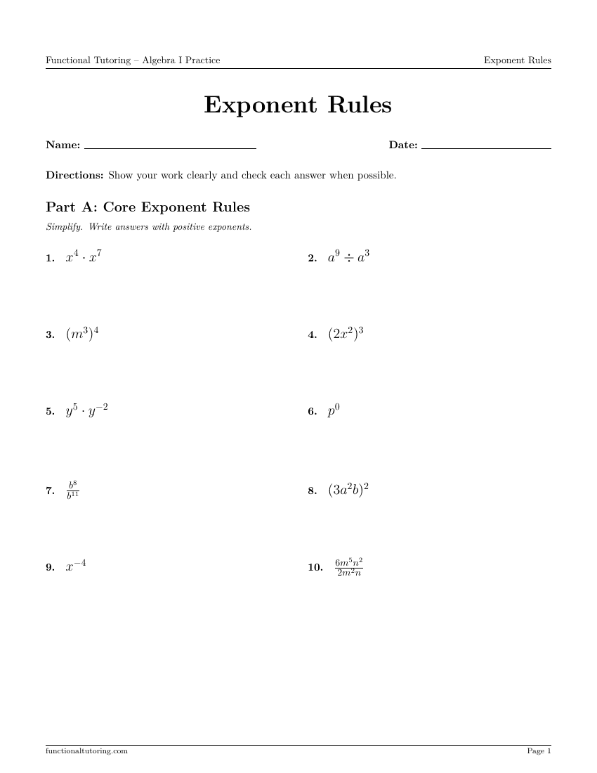 First-page preview of the Exponent Rules worksheet
