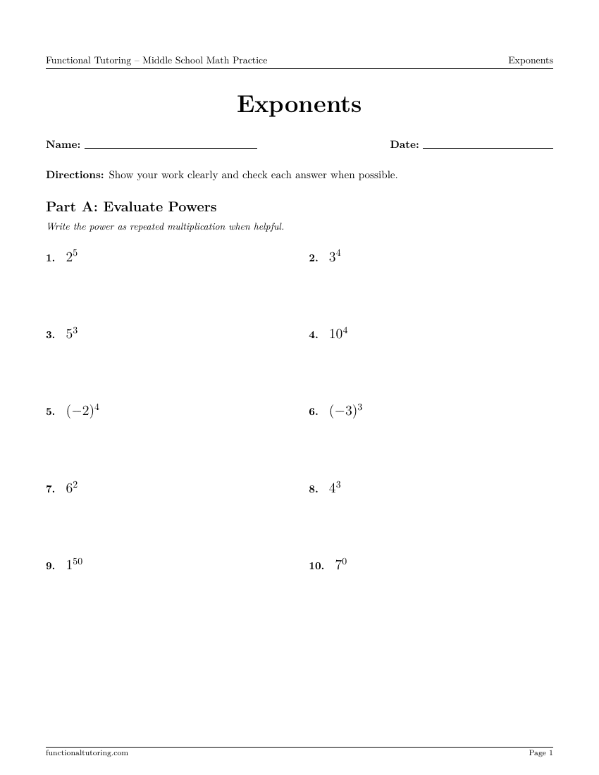 First-page preview of the Exponents worksheet