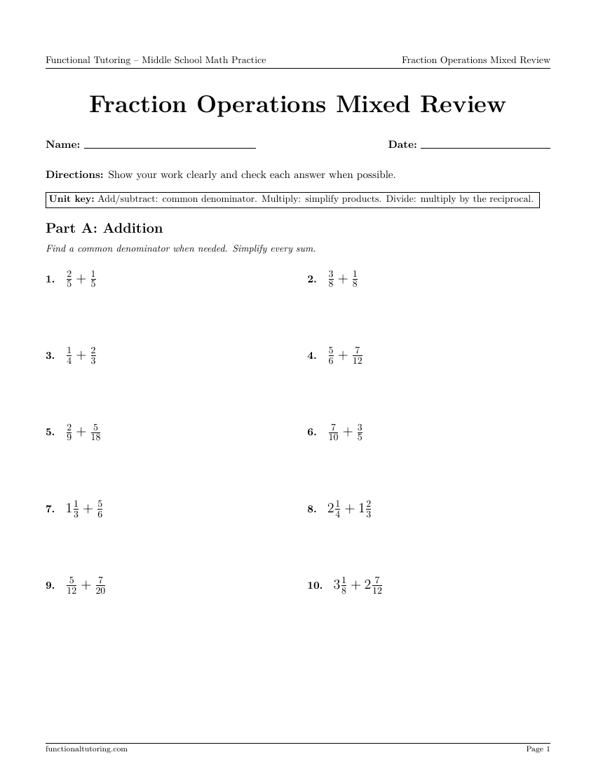 First-page preview of the Fraction Operations Mixed Review worksheet