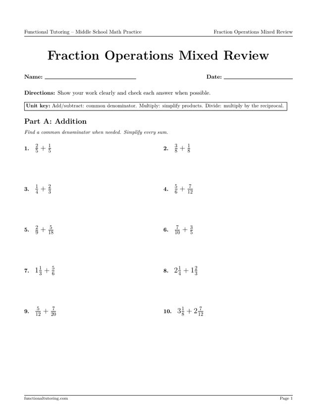 Preview of the Fraction Operations Mixed Review worksheet