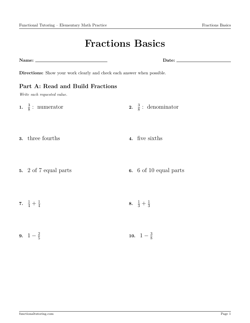 First-page preview of the Fractions Basics worksheet