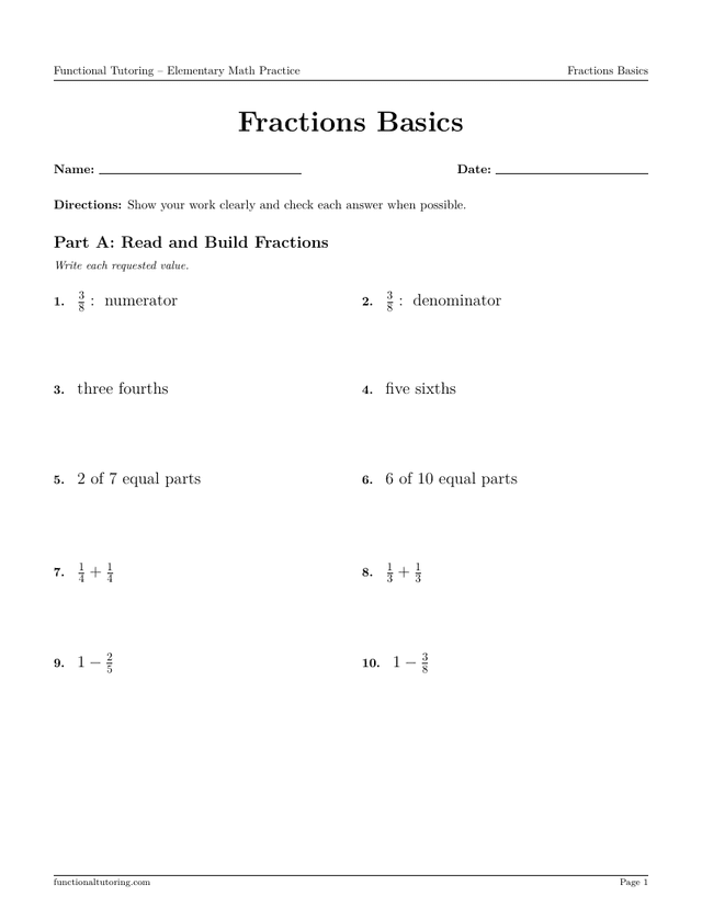 Preview of the Fractions Basics worksheet