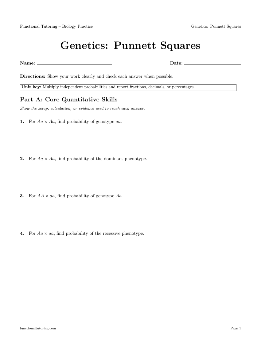 First-page preview of the Genetics: Punnett Squares worksheet