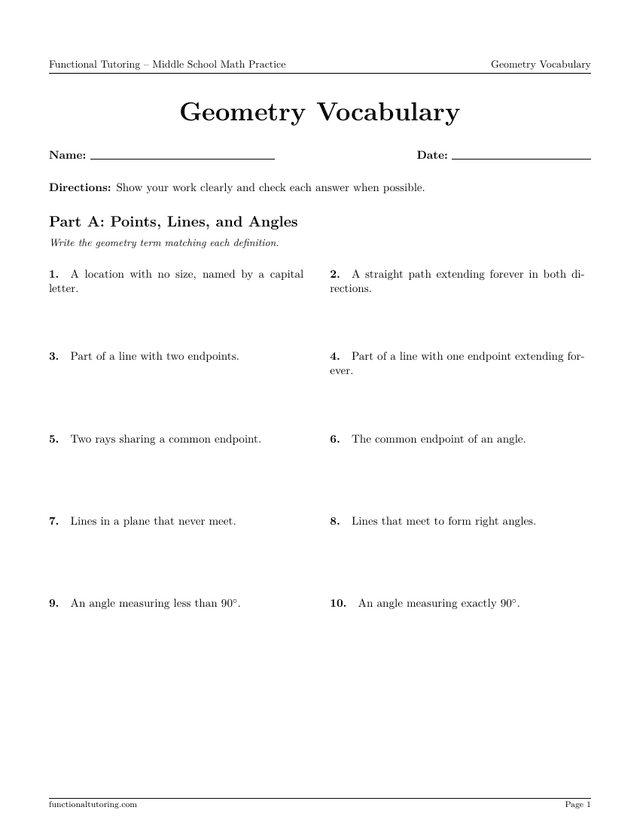 Preview of the Geometry Vocabulary worksheet
