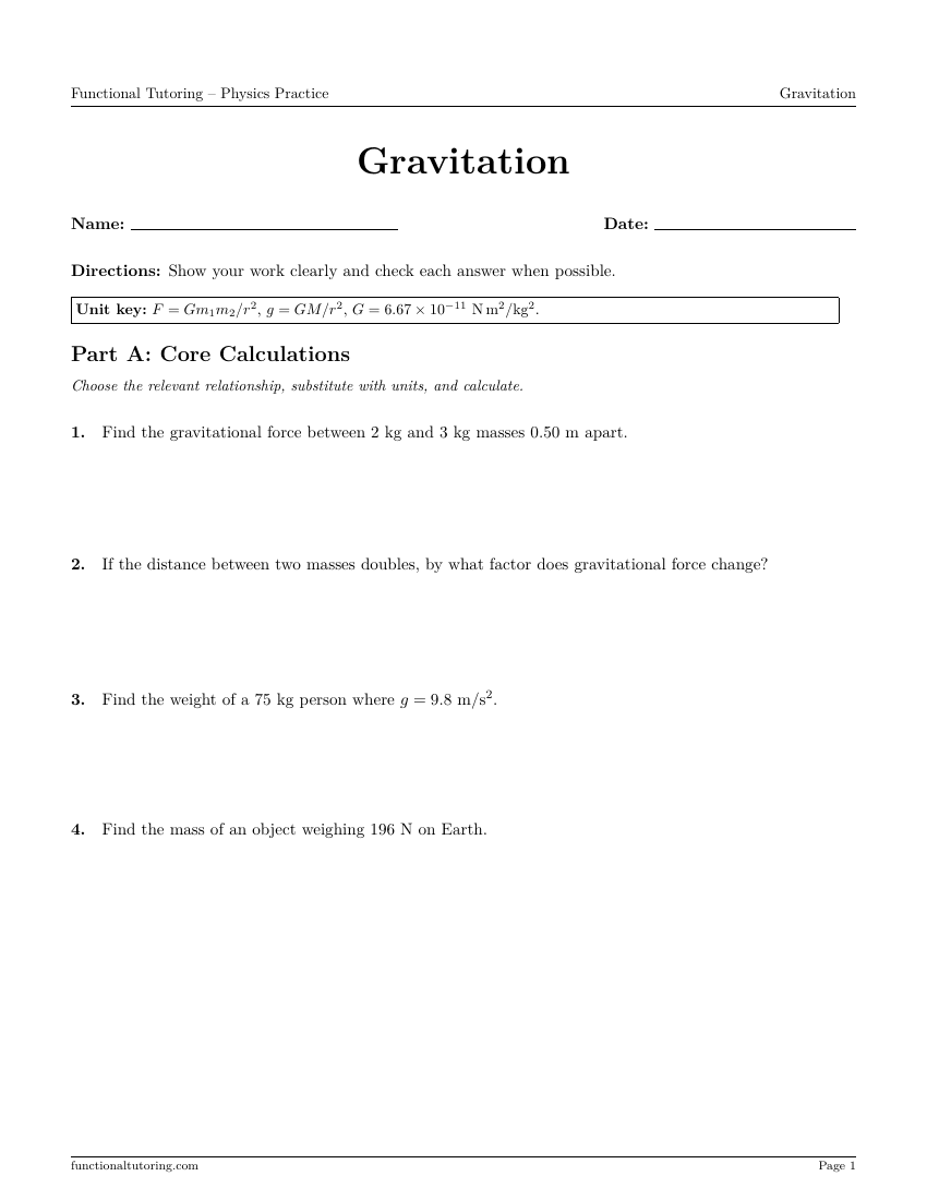 First-page preview of the Gravitation worksheet