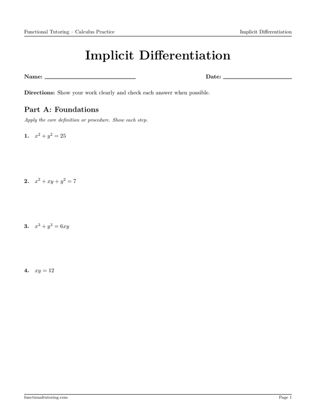 Preview of the Implicit Differentiation worksheet