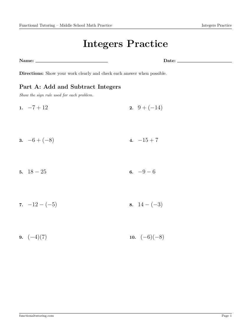 First-page preview of the Integers Practice worksheet