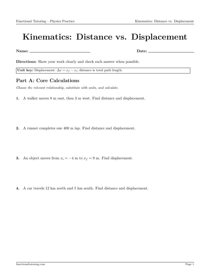 First-page preview of the Kinematics: Distance vs. Displacement worksheet