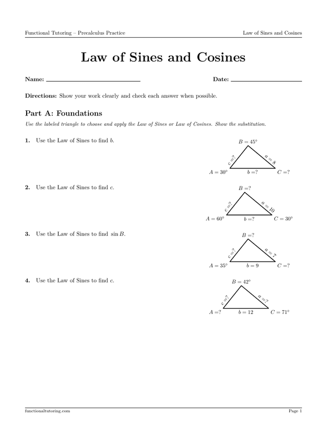 Preview of the Law of Sines and Cosines worksheet