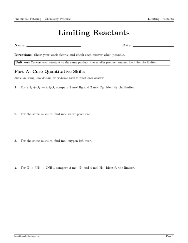 Preview of the Limiting Reactants worksheet
